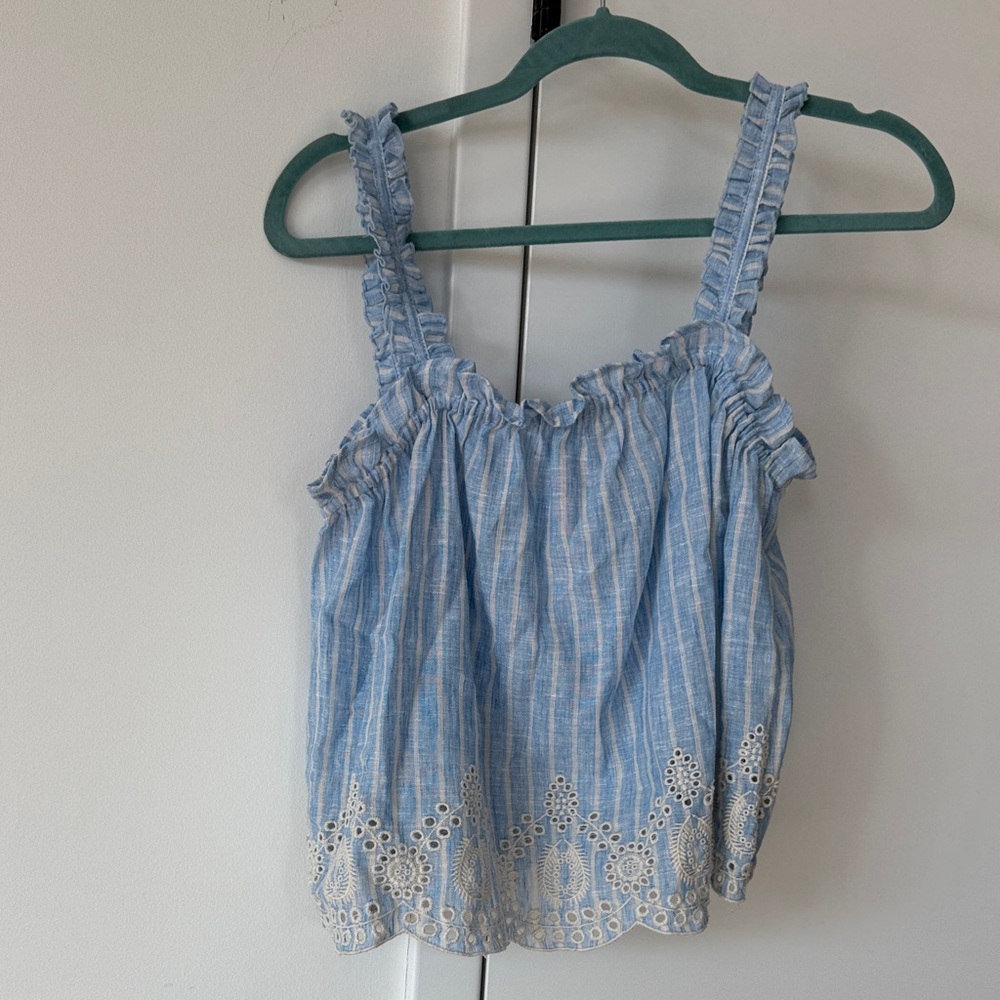 Zara Blue and White Striped Blouse with Lace Trim